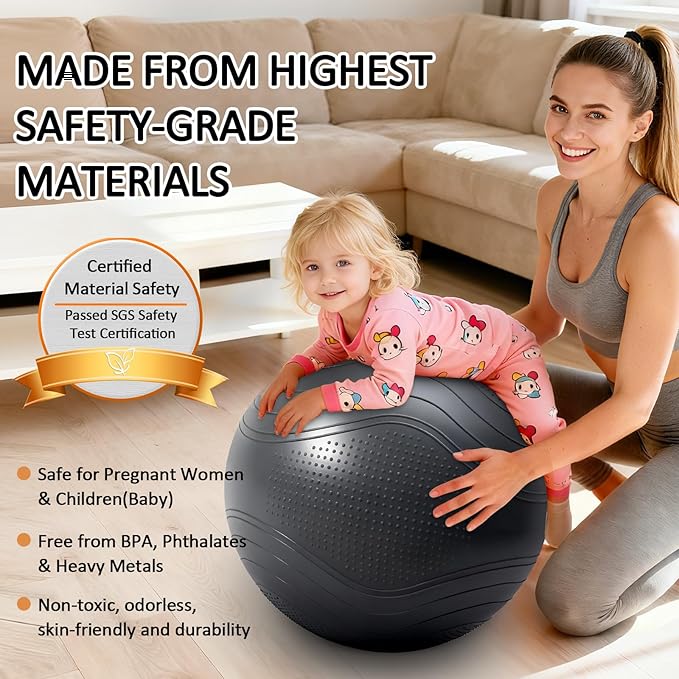Gruper Yoga Ball, Multiple Sizes Non Slip Exercise Ball for Workout, Birthing, Balance, Stability, Pregnancy, 2200LB Capacity, Anti Burst Chair for Home and Office, Includes Quick Pump & Fitness Guide