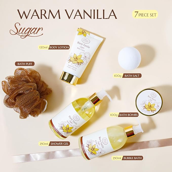 Bath and Body Warm Vanilla Sugar Spa Gifts for Women, with Shower Gel, Bubble Bath, Body Lotion, Bath Bomb, Bath Salt, Spa Basket Gift Set for Women, 7pcs Set Gifts