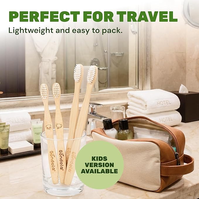 Gondola Organic Bamboo Toothbrushes Adults - 4 Pack - Soft Bristles for Sensitive Gums - Bamboo Toothbrush for Adults - Gentle Cleaning - Wellness Essentials Manual Toothbrush for Home & Travel