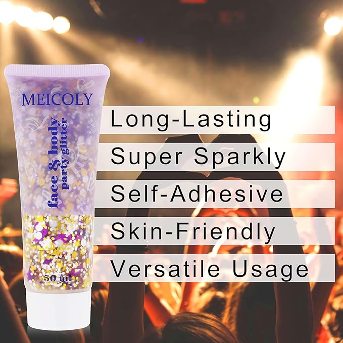 MEICOLY Face Glitter Makeup for Music Festival,Country Concert Outfits for Women, Holographic Gold Silver Purple Body Glitter,Halloween Party Accessories Self-Adhesive Glitter Face Paint,50ml
