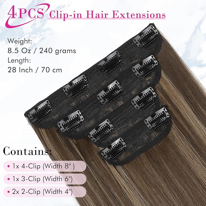 REECHO 28" Straight Long 4 PCS Set Thick Clip in on Hair Extensions -Chocolate Brown with Highlights