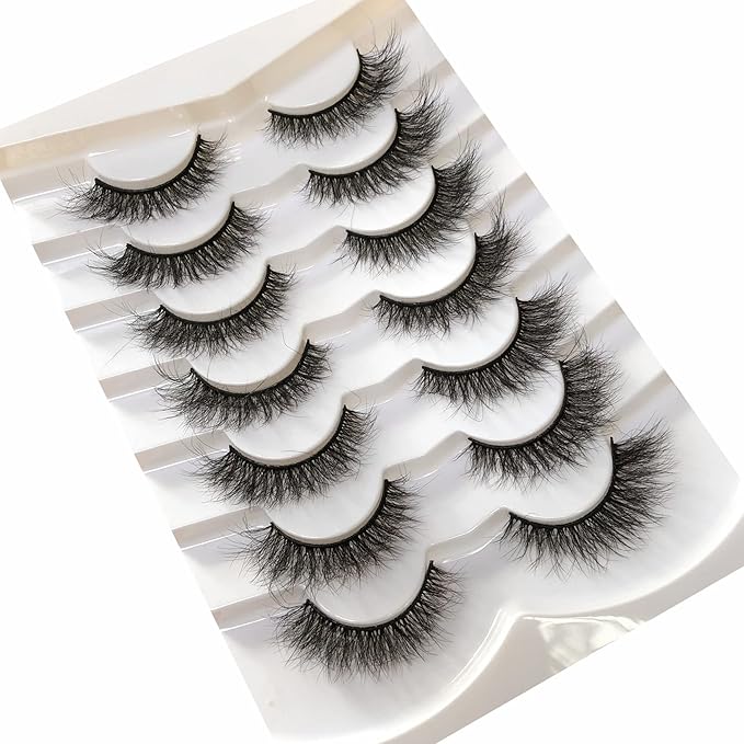 Pooplunch False Eyelashes Cat Eye Wispy Fairy Lashes Natural Volume Short Faux Mink Fake Eye Lash Strips 7 Pairs Pack