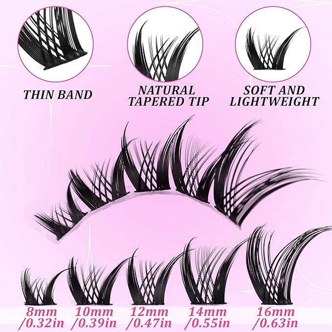 Lash Clusters Kit Manga 8-16mm Light-Volume Natural Wispy Eyelash Clusters C/D Curl Eyelash Extension Kit Spiky Cat Eye Individual Lash Eyelash Clusters with 0.05mm Ultra-Thin Black Band