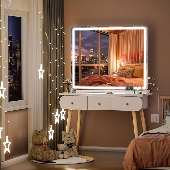 Hasipu Vanity Mirror with Lights, 37.4" x 26" LED Makeup Mirror, Lighted Makeup Mirror with Dimmable 3 Modes, Touch Screen Control Vanity Mirror Round White