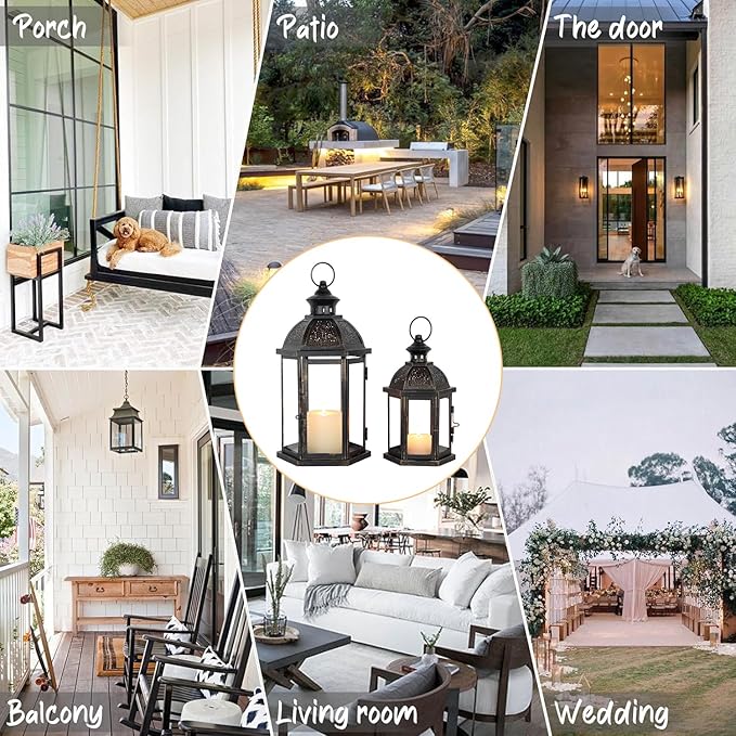 DECORKEY Large Lantern Decorative Outdoor & Indoor, Set of 2 (15’’&11’’) Metal Candle Lanterns Decor, Vintage Hanging Candle Holder for Front Porch Patio Wedding Farmhouse Home, Spring Decoration