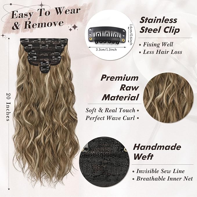 BARSDAR Clip in Hair Extensions for Women - 6PCs Long Wavy Highlight Balayage Hair Extensions - 20 Inch Full Head Thick Soft Synthetic Clip in Hairpieces Daily - Ash Brown & Blonde