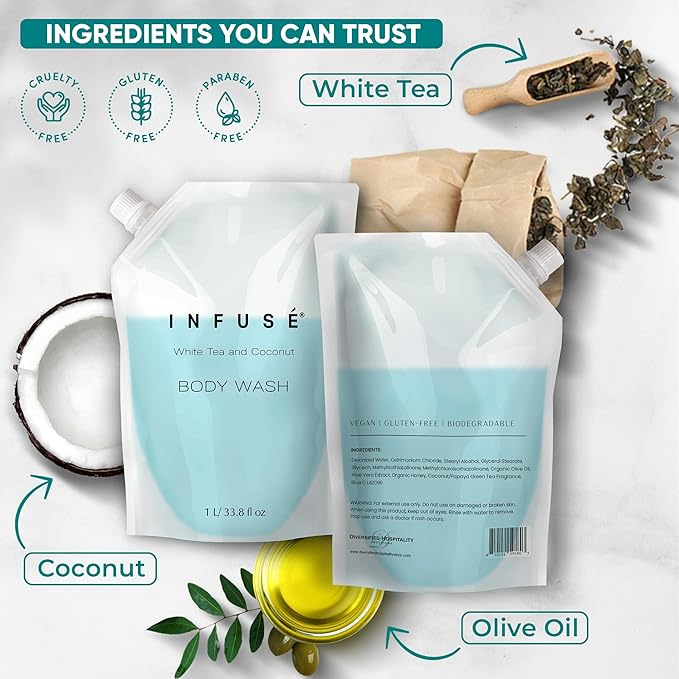 INFUSÉ 1 Liter Body Wash Refill Bag For Soap Dispensers | Bulk Toiletries for Vacation Rentals, and Home Bathroom Showers | White Tea and Coconut | Single