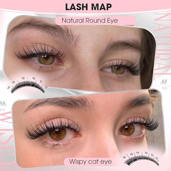 Wispy Natural Lash Clusters 12-14-16mm CC Curl DIY Cluster Eyelash Extensions for Clean Makeup, Individual False Eyelashes Cat Eye Lash Clusters