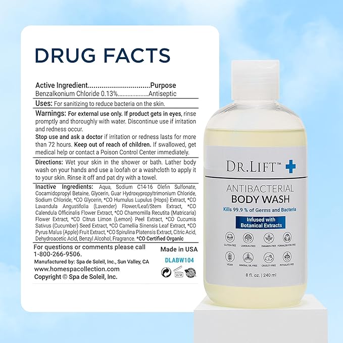 DR. LIFT Antibacterial Body Wash, Refreshing Scent, Hydrating Shower or Bath Cleanser With Citric Acid, Spirulina, and Lemon, Clean Moisturizing Formula, Vegan, Paraben and Phthalate Free, 8 Fl Oz