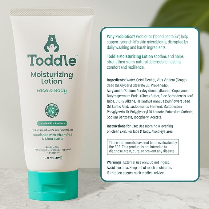 Toddle Probiotic Moisturizing Lotion for Face & Body, Eczema & Dry Skin Relief, Fragrance-Free with Vitamin E, Shea Butter for Sensitive Baby & Kids Skin, Pediatrician-Approved, Travel Size 1.7oz