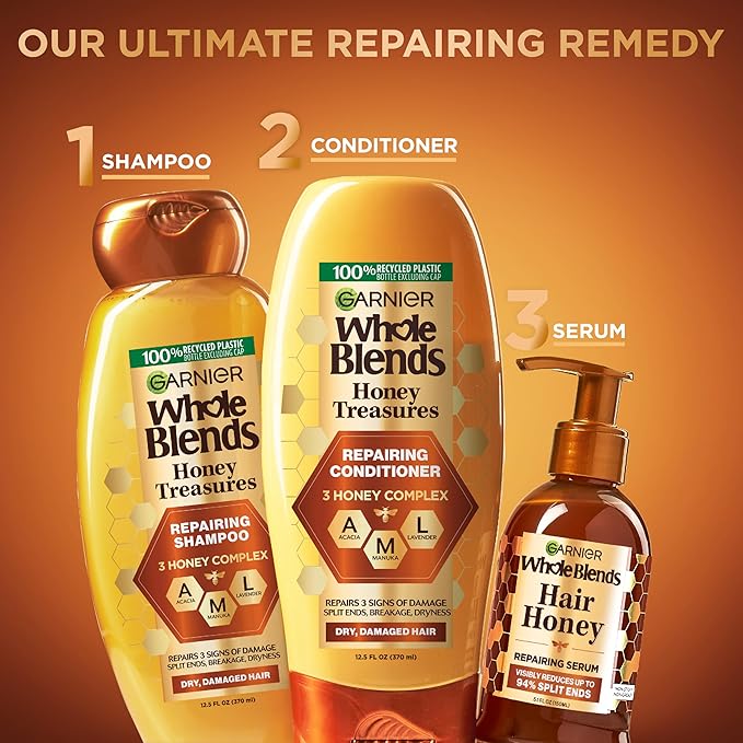 Garnier Whole Blends Honey Treasures Repairing Shampoo, Conditioner + Miracle Nectar Leave-In Set for Dry, Damaged Hair (3 Items), 1 Kit (Packaging May Vary)