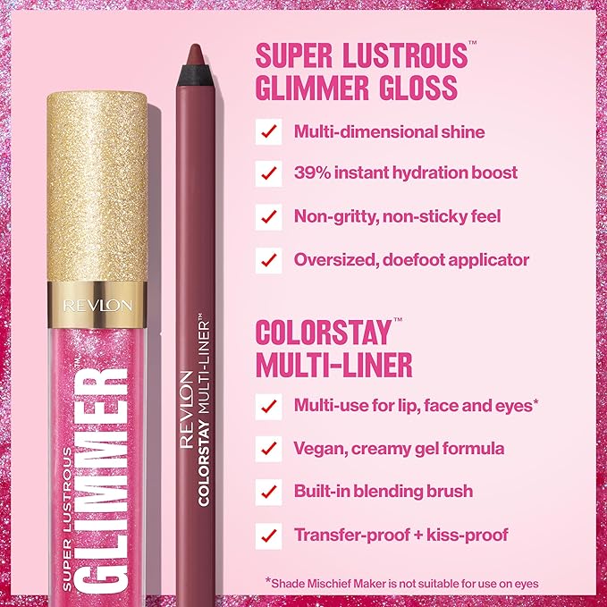 Revlon Super Lustrous Glimmer Gloss and ColorStay Multi-Liner Bundle, Indigo Ice and Catalyst, Pack of 2