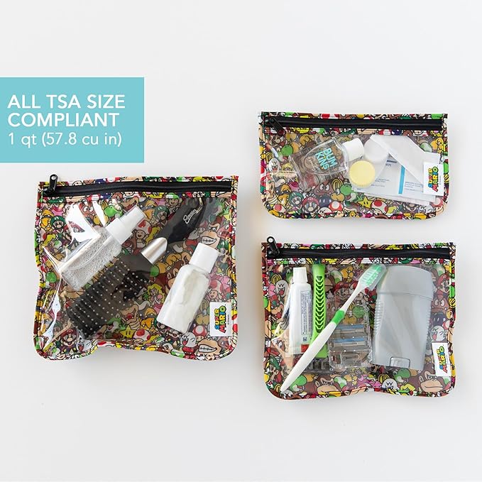Bumkins Travel Bag, Toiletry, TSA Approved Pouch, Zip Bag, Quart Size Airline Compliant, Clear-Sided, Baby, Diaper Bag Organization, Makeup, Accessories, Packing, Set of 3 Sizes, Nintendo Super Mario