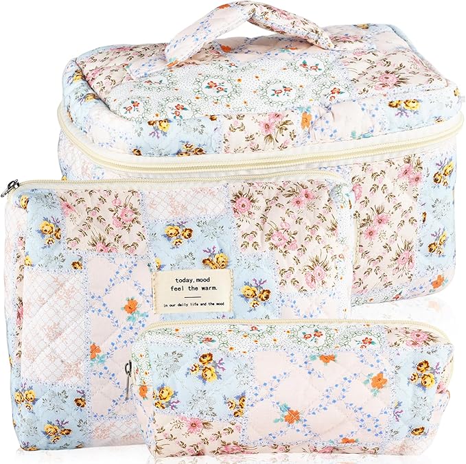 URSKYTOUS 3Pcs Cotton Quilted Makeup Bag for Women Girls Large Small Travel Floral Cosmetic Bags Set Cute Coquette Makeup Pouch for Purse Aesthetic Cloth Bee&Flower Storage Toiletry Bag Organizer