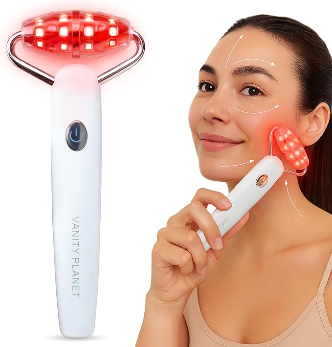 Vanity Planet Mila Contour & Define LED Facial Roller - 3-in-1 Skin Massager with Cooling, Sonic Vibration & Red Light - Ergonomic Anti-Aging Face Tool for Firming & Relaxation