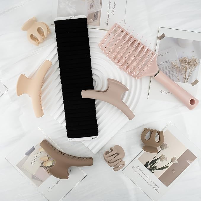 Neutral Tones Hair Accessories Set - 3 Large Hair Claw Clips, 3 Small Claw Clips, Hair Brush, 28 Hair Ties for Women | Non-Slip for Thin & Thick Hair (Nude Pink, Beige, Light Brown)