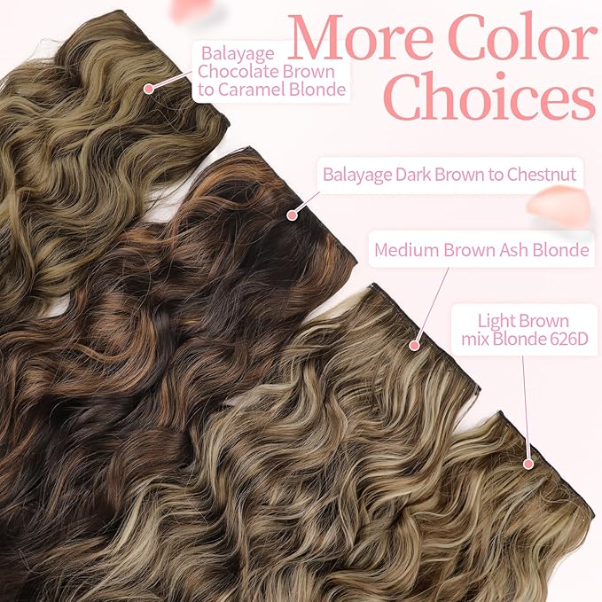KooKaStyle Clip in Synthetic Hair Extensions Long Wavy 4PCS Thick Hairpieces Balayage Chocolate Brown to Caramel Blonde 10H26 Fiber Double Weft Natural Hair Extensions 16 Inch for Women
