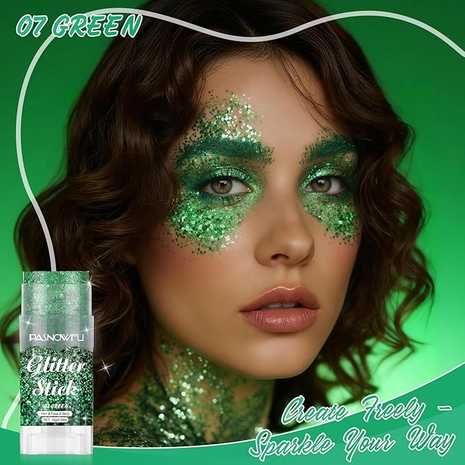 Green Body Glitter Stick, Emerald Face Glitter for Women and Girls, Hair Tinsel Stick for St Patricks Day Outfits Party Accessories, Festival Rave Concert Stage Performance Cosplay