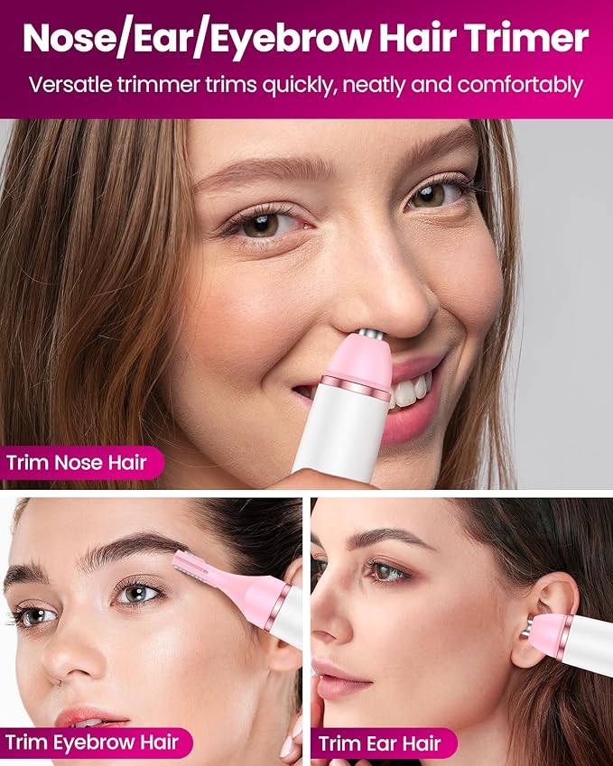 Bikini Trimmer Women & Body Shaver - 4-in-1 Painless Pubic Hair Remover for Sensitive Skin, Rechargeable & IPX7 Waterproof for Wet & Dry Use, for Face/Eyebrows/Nose/Underarms/Legs