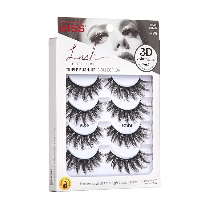 KISS Triple Push-Up, False Eyelashes, 'Robe', 12mm, Includes 4 Pairs Of Lashes, Easy to Apply, Reusable Lash Clusters