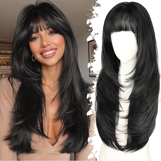 Long Black Wig with Bangs for Women, 4x4 Realistic Scalp,Free Parting, Layered Hairstyle Synthetic Heat Resistant for Daily Party Use 26 inch