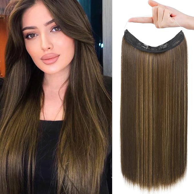 REECHO Invisible Wire Hair Extensions with Transparent Headband Adjustable Size Removable Secure Clips in Straight Secret Hairpiece for Women (24 Inch (Pack of 1), Dark Brown with Highlights)