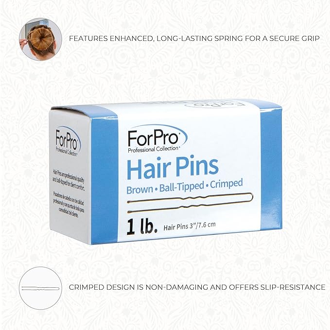 ForPro Professional Collection Hair Pins (320-Count Approx), Brown, 3" L, Ball-Tipped, Crimped, Non-Damaging, 1 Lb.