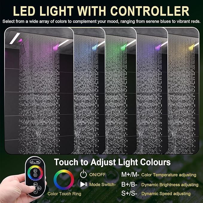 HOMEDEC 14x20" LED Ceiling Shower Head with Rainfall Waterfall Mist Spray, 3 Modes Can Operate Simultaneously or Independently, Brushed Nickel