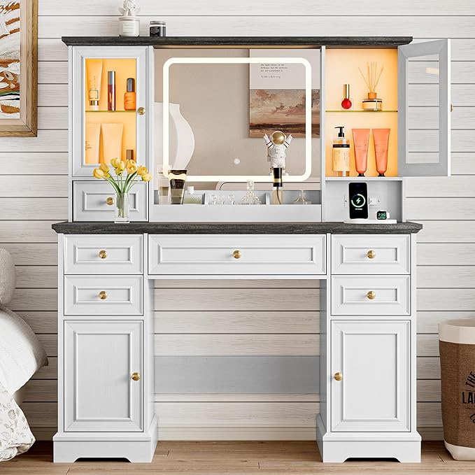 Vanity Desk with HD Lighted Mirror & Power Outlet, Farmhouse Makeup Vanity Table Set with Storage Drawers & RGB Cabinets, Large Dressing Table with 3 Lighting Modes for Women Girls Kids Bedroom, White