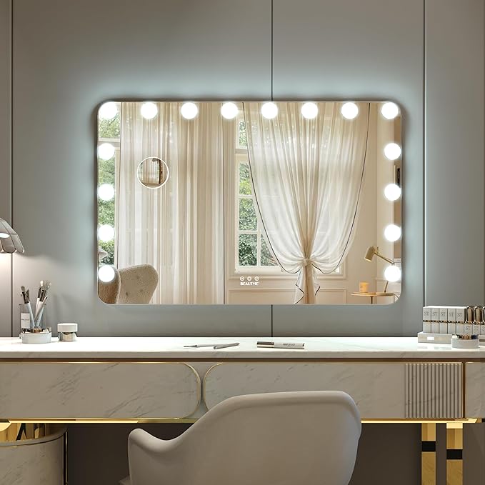 BEAUTME Large Vanity Mirror with Lights, 36''×24'' Makeup Mirror, Light up Mirror with 16 Dimmable LED Bulbs and 3 Color Lighting Modes, Tabletop or Wall Mounted, Silver