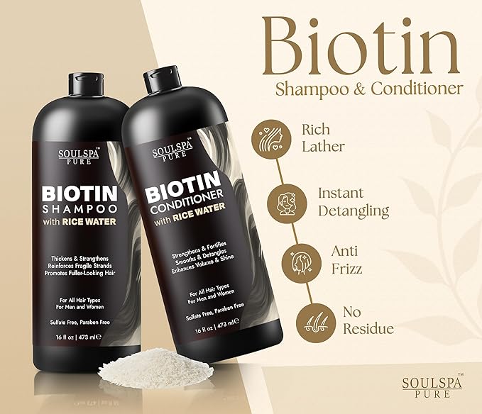 Biotin Shampoo and Conditioner Set with Rice Water & Rice Protein | Sulfate Free Hair Growth & Thickening Set for Thinning Hair for Men & Women 16 floz each - SOULSPA PURE