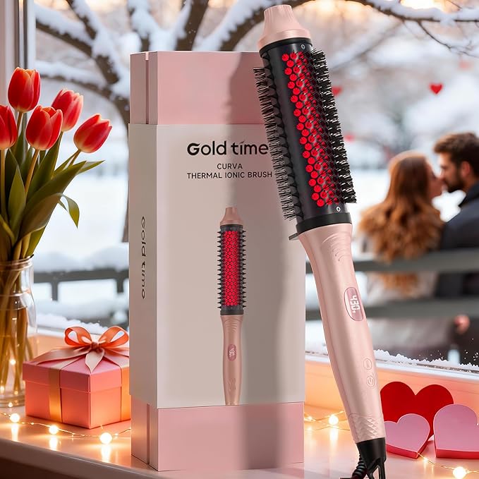 Infrared Thermal Brush, 1.65 inch Heated Round Brush for Blowout Look, Dual Voltage, Negative Ion Thermal Hair Tools, 6 Temperature, No Damage, Pink Gifts for Women