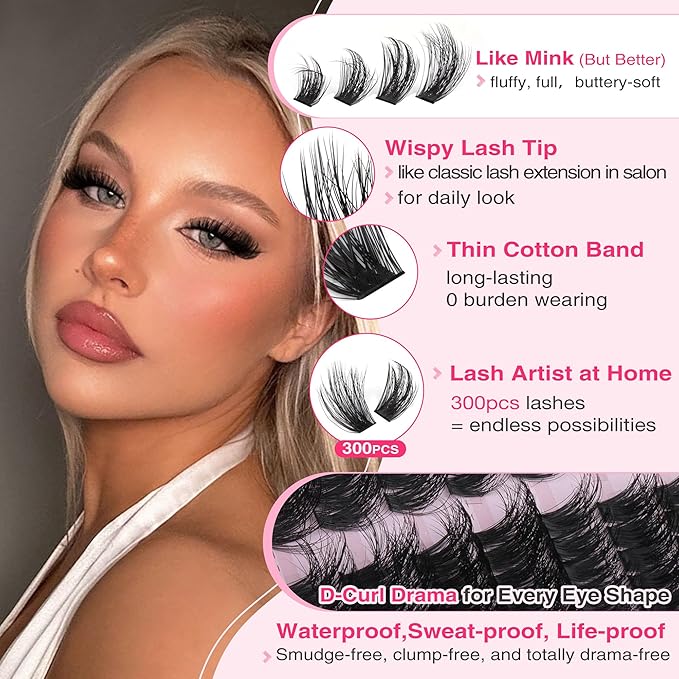 Fluffy Lash Clusters Kit Thick 100-150-200D Volume Eyelash Clusters Kit 10-16mm Wispy Individual Lashes Kit D Curl Cluster Eyelash Extensions 300pcs DIY Lash Extension for Beginners