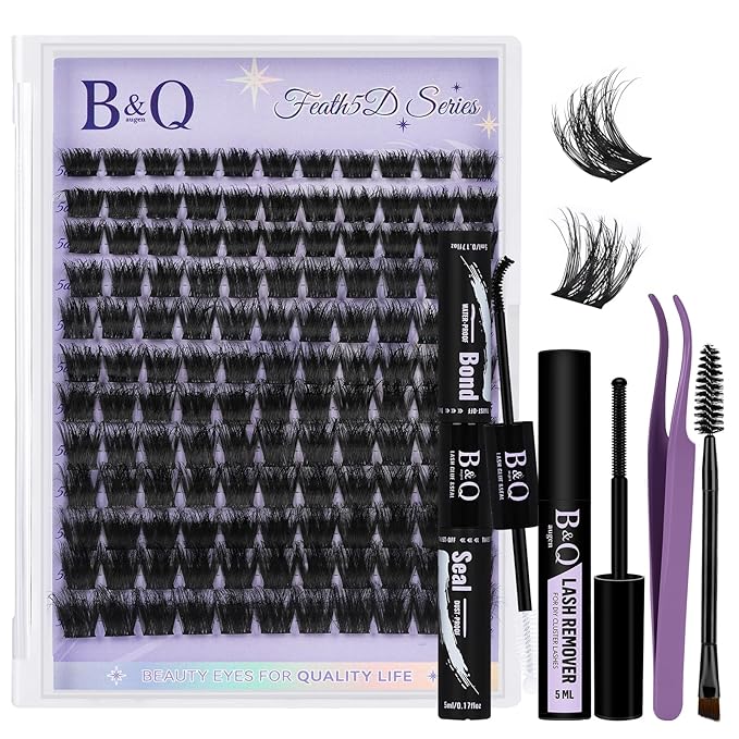 B&Q Lash Clusters Kit Wispy Fluffy - Feath5D 06 Eyelash Clusters Kit with Glue & Tools, Feathered Lightweight Lash Kit, 8-18mm C Curl Waterproof False Lashes