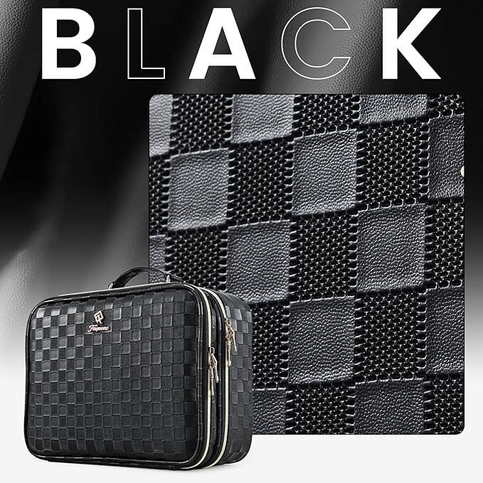 Makeup Bag with LED Lighted Mirror 12.2 IN Cosmetic Train Case Double Layer Makeup Case Adjustable Brightness in 3 Colors Cosmetic Organizer Artist Storage with Brush Holder Vanity Black Checkerboard