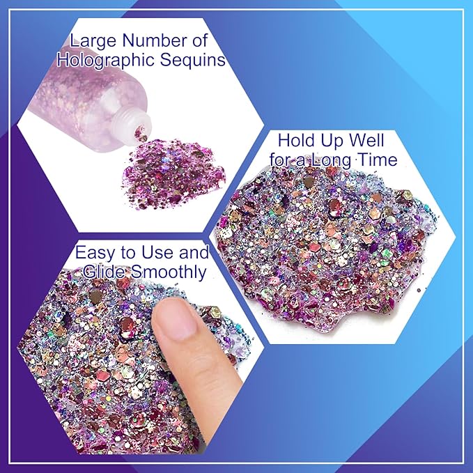 MEICOLY Chameleon Purple Hair Glitter,Holographic Chunky Face Body Glitter,Mardi Gras Accessories for Women,Self-Adhesive Color Changing Mermaid Face Glitter,Festival Makeup for Face Body Hair