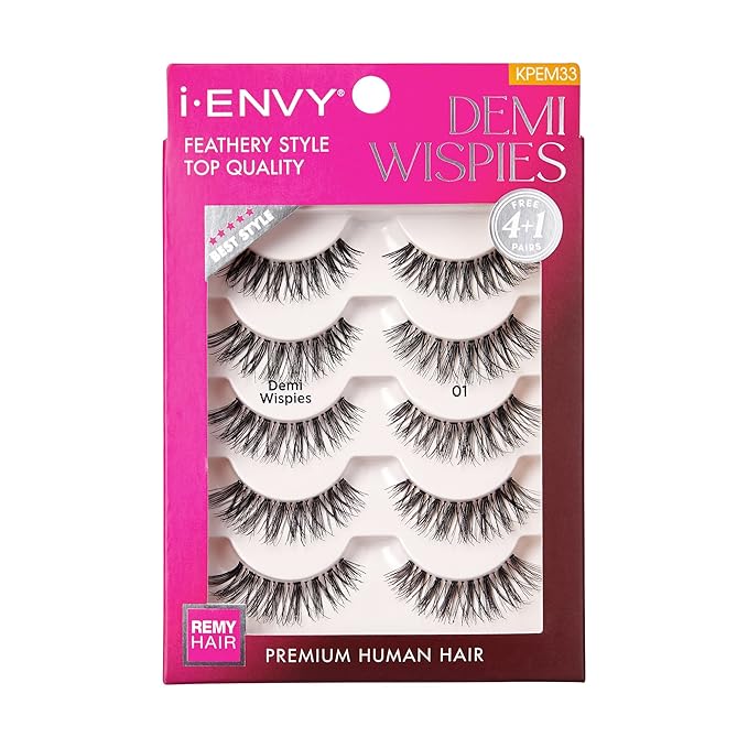 i-ENVY 5 Pairs Demi Wispies False Lashes (1 Pack), Premium Quality 100% Human Hair, Fluffy Feathered Eyelashes With Volume & Curl, Natural Look, Lightweight, Comfortable, Reusable for Everyday Wear