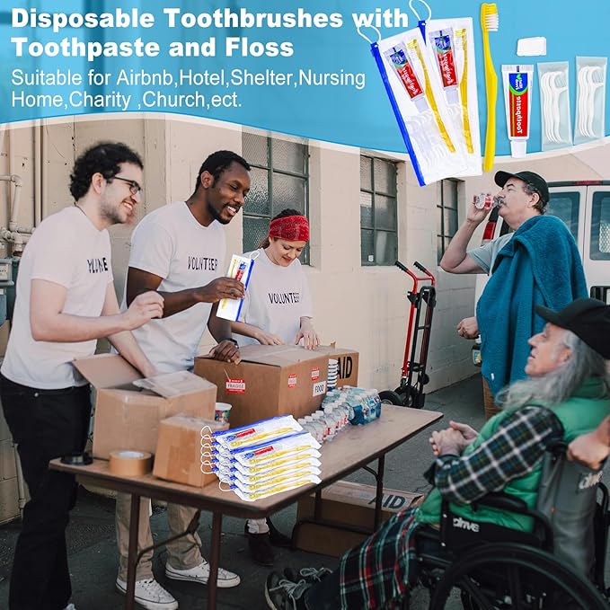 5 pcs Disposable Toothbrushes with Toothpaste and Floss Set,Yellow Individually Wrapped Bulk Single Use Toothbrush Floss Cover Travel Toothbrushes Kit with Zip Bag for Homeless,Hotel,Guest