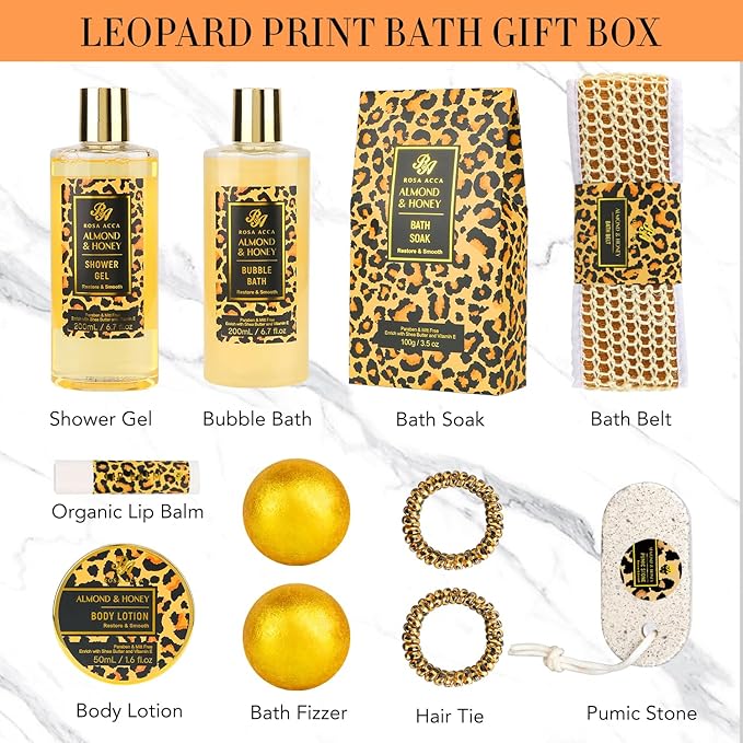 Valentines Day Gifts for Women, 20 Pcs XXL Leopard Bath and Body Gift, Skin Care Set, Self Care Gifts Set, Mother's Day, Birthday, Home Spa Kit, Holiday, Christmas, Shower Cap, Manicure Set