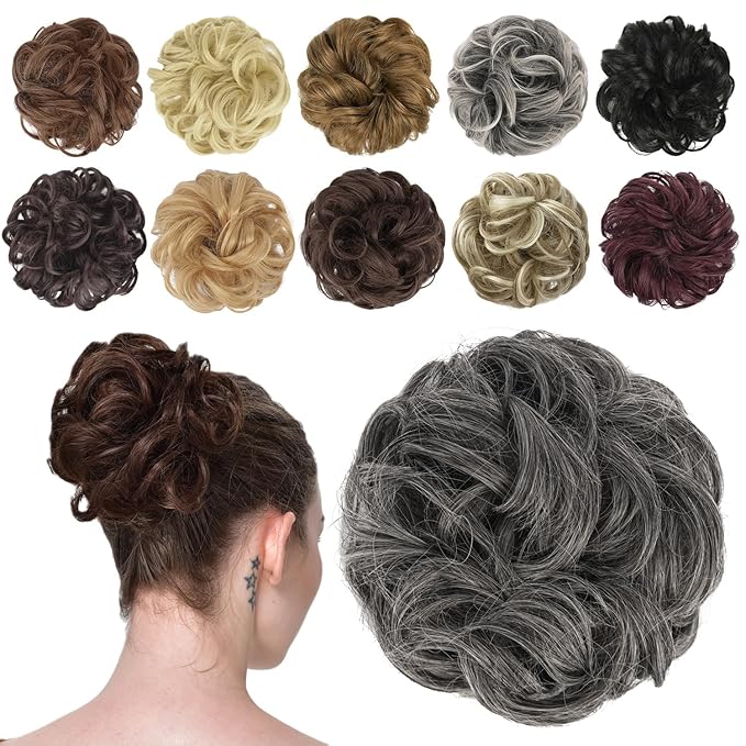 FESHFEN Messy Bun Hair Piece - Wavy Synthetic Chignon Scrunchies for Instant Volume, Elastic Bun Ponytail Hair Extensions Thick Hairpieces for Women, Dark Salt and Pepper 1.50 oz