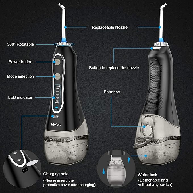 H2ofloss Water Flosser Portable Dental Oral Irrigator with 5 Modes, 6 Replaceable Jet Tips, Rechargeable Waterproof Teeth Cleaner for Home and Travel -300ml Detachable Reservoir Black
