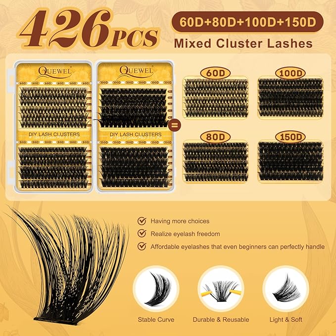 QUEWEL 426PCS Eyelash Clusters 60D+80D+100D+150D Wispy Lash Clusters 10-18mm Cluster Lashes Individual Lashes Clusters Reusable for Natural DIY Cluster Eyelash Extensions for Beginners