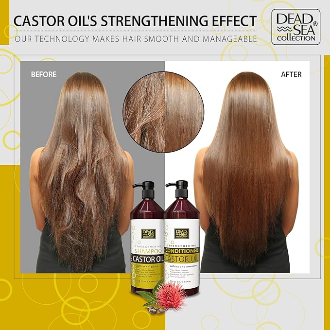 Dead Sea Collection Shampoo and Conditioner Set for Strengthening and Volume - Pure Dead Sea Minerals and Castor Oil – Professional Hair Care - Repair and Shine - Pack of 2 (33.8 & 30.6 Fl. Oz)