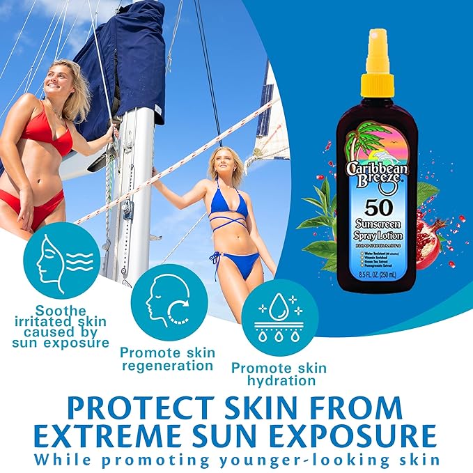 Caribbean Breeze Sunscreen Spray SPF 50 Lotion, Mango Scent Lime Fragrance Tanning Sunscreen Spray On Sunscreen with Green Tea & Pomegranate Extracts, 8.5 oz (250 ml)