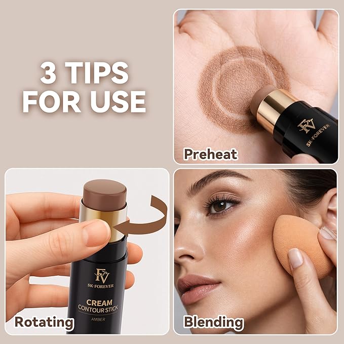 FV Contour Stick, Highly Pigmented & Blendable Cream Contour Bronzer Makeup, Long Lasting & Waterproof, for a Naturally Sculpted Look, Beginner Friendly, 04 Light Amber