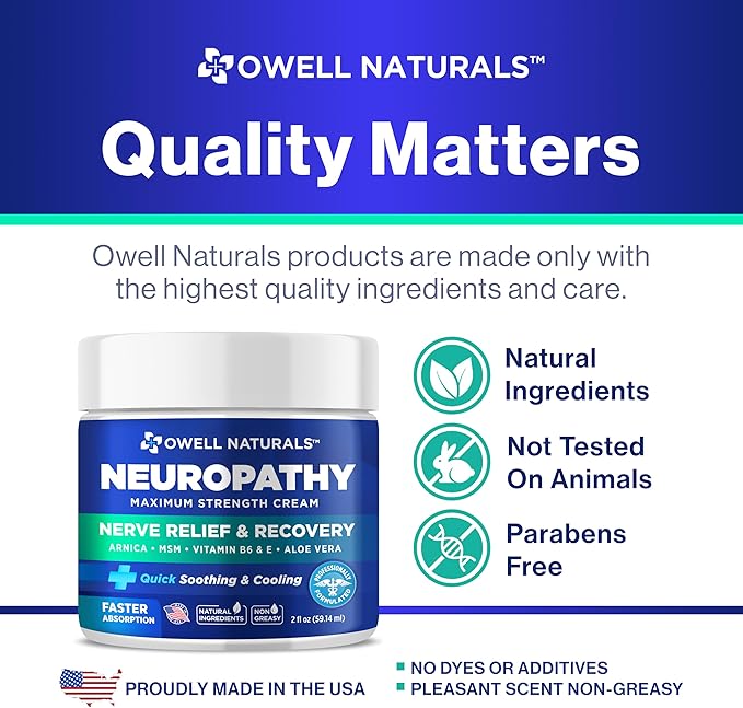 OWELL NATURALS Nerve Soothing Cream, Maximum Strength, Non Greasy, Natural Ingredients Arnica, Aloe Vera, MSM, for Feet, Hands, Legs, Toes, 2 Fl Oz (Pack of 2)