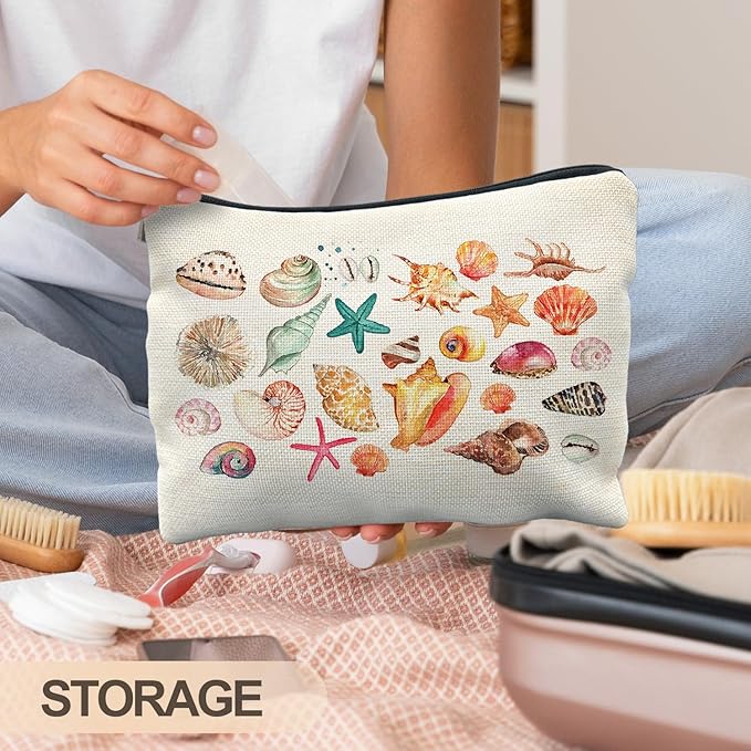 RYYCDOI Coastal Beach Makeup Bag, Ocean Beach Themed Gifts Cosmetic Bags for Women, Gifts for Ocean Lovers, Colorful Seashell Starfish Beachy Zipper Makeup Pouch