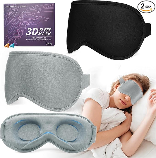 3D Sleep Mask for Men Women 2 Pack, Blackout Eye Mask for Sleeping Eye Mask for Side Sleeper, Memory Foam Adjustable&Washable, Airplane Travel Essentials Couples Yoga Meditation Black & Silver-Gray