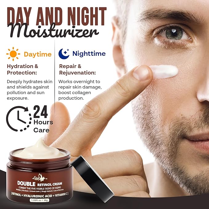 Men’s Double Retinol Face Cream – Reduces Wrinkles, Anti-Aging Moisturizer | Collagen + Hyaluronic Acid + Vitamin E | Fine Lines & Improves Firmness | Eye Bags & Dark Spot Remover | 30g