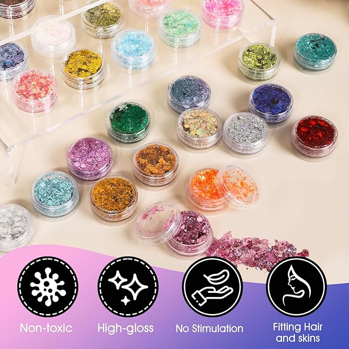 40 Colors Body Glitter, Mardi Gras Accessories Hair Glitter for Kids Women Glow in The Dark, Eyeshadow Face Sparkles, Makeup Festivals, Raves, Anime Cosplay, Concerts Face Paint Valentines Day Gifts